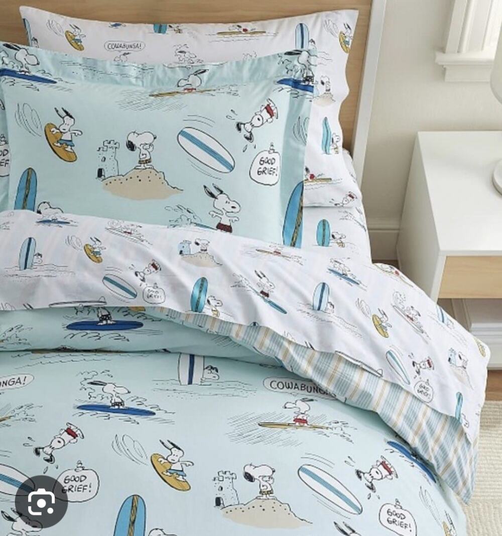 Pottery Barn Kids Peanuts Surfer Snoopy Duvet Cover Full/Queen Blue Organic